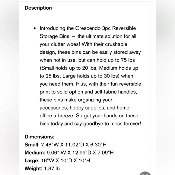 NWT lug Crescendo Home, color Very Berry Blue. 3 piece reversible storage bin - Picture 5 of 5